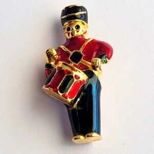 Holiday Christmas Drummer Boy Red and Green Rhinestones Gold-Tone Brooch Pin